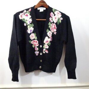 JH Collectibles Black Pink Floral Wool Blend Cardigan Sweater Size M Grandmacore